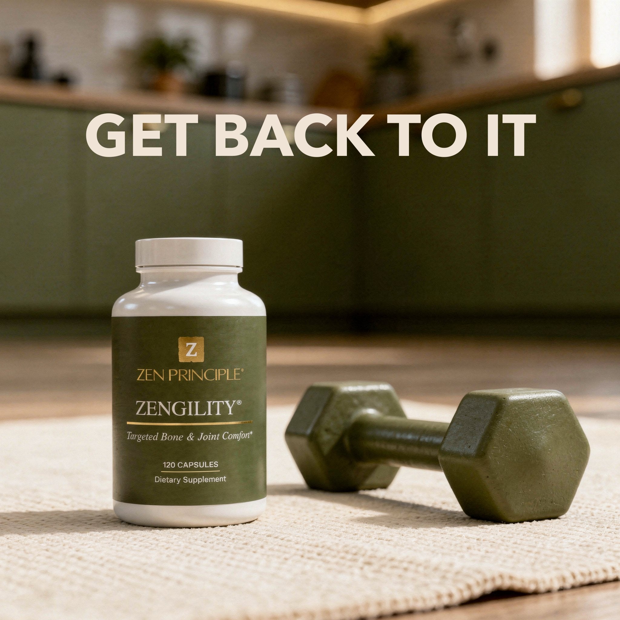 Get back to it — Zengility® with a dumbbell on a workout mat