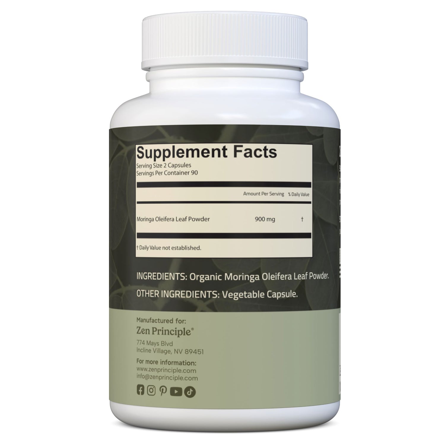 Organic Moringa Capsules Zen Principle Naturals 