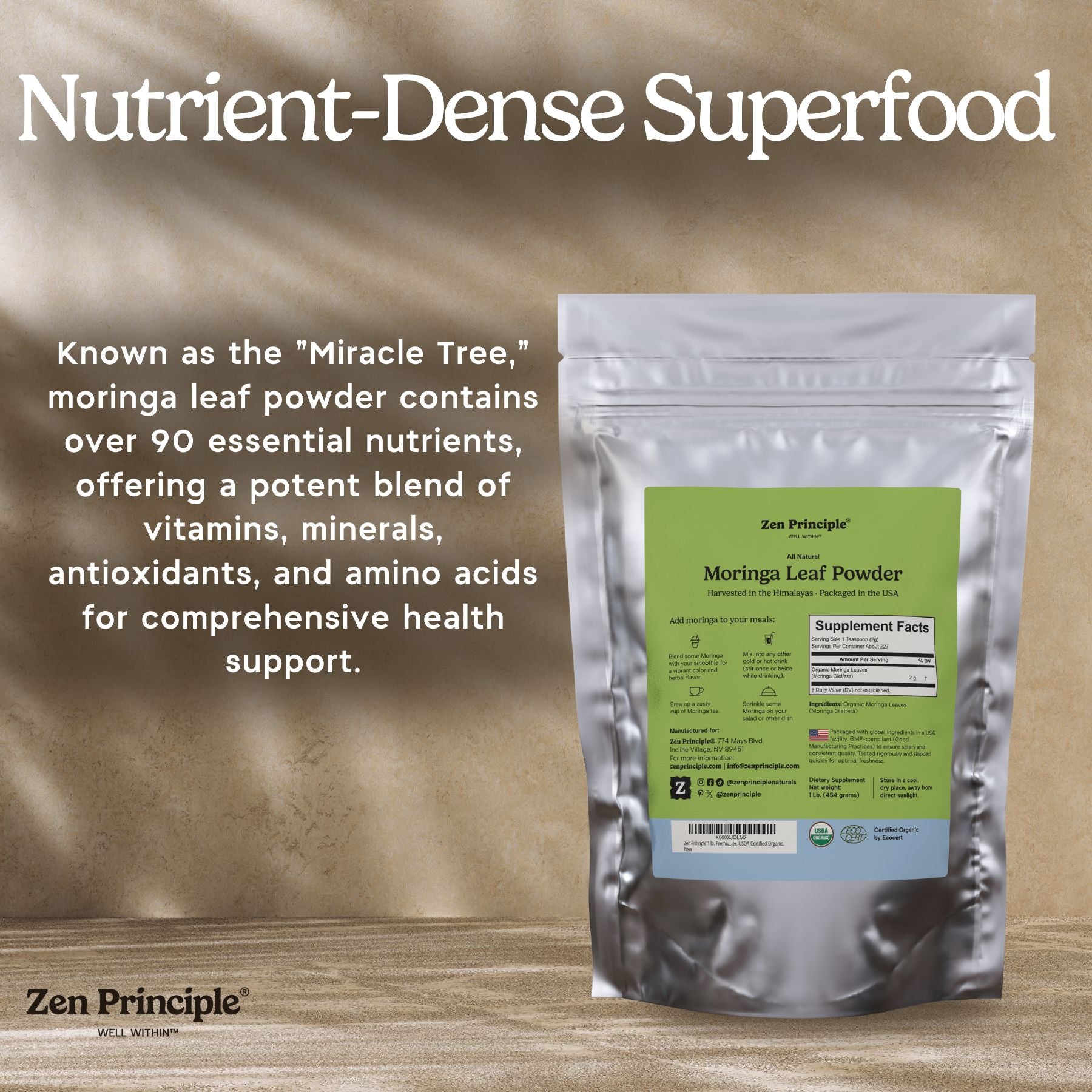 Organic Moringa Leaf Powder Zen Principle Naturals 