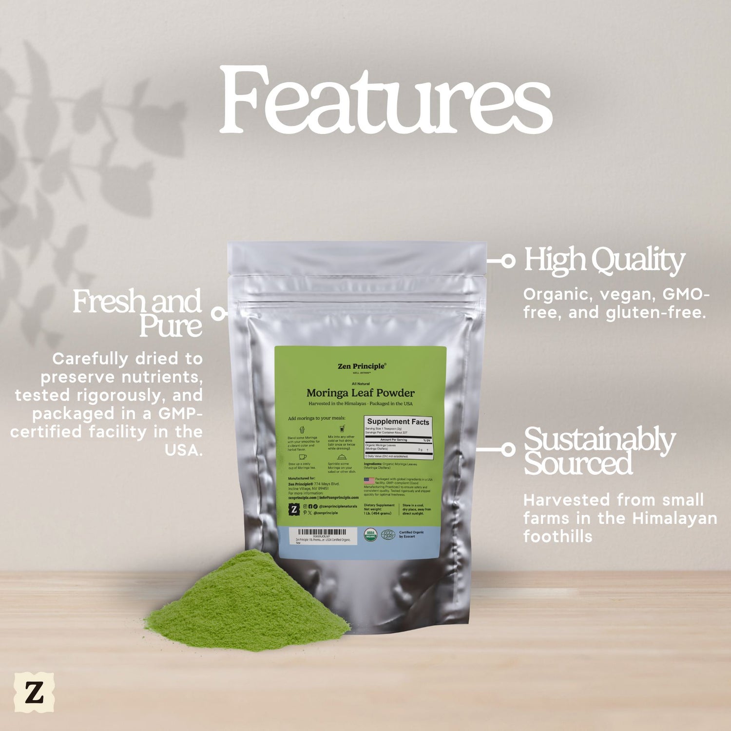 Organic Moringa Leaf Powder Zen Principle Naturals 