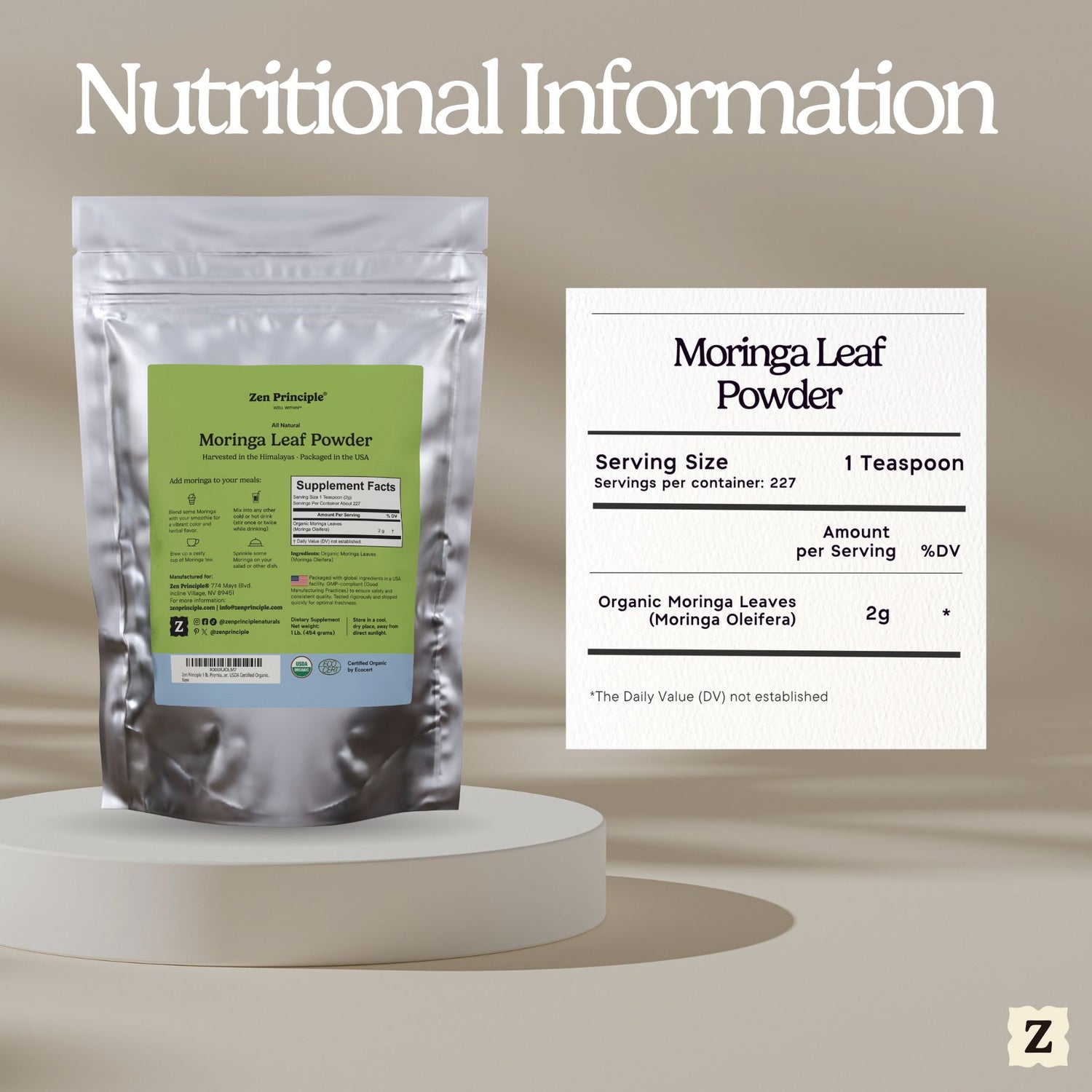 Organic Moringa Leaf Powder Zen Principle Naturals 