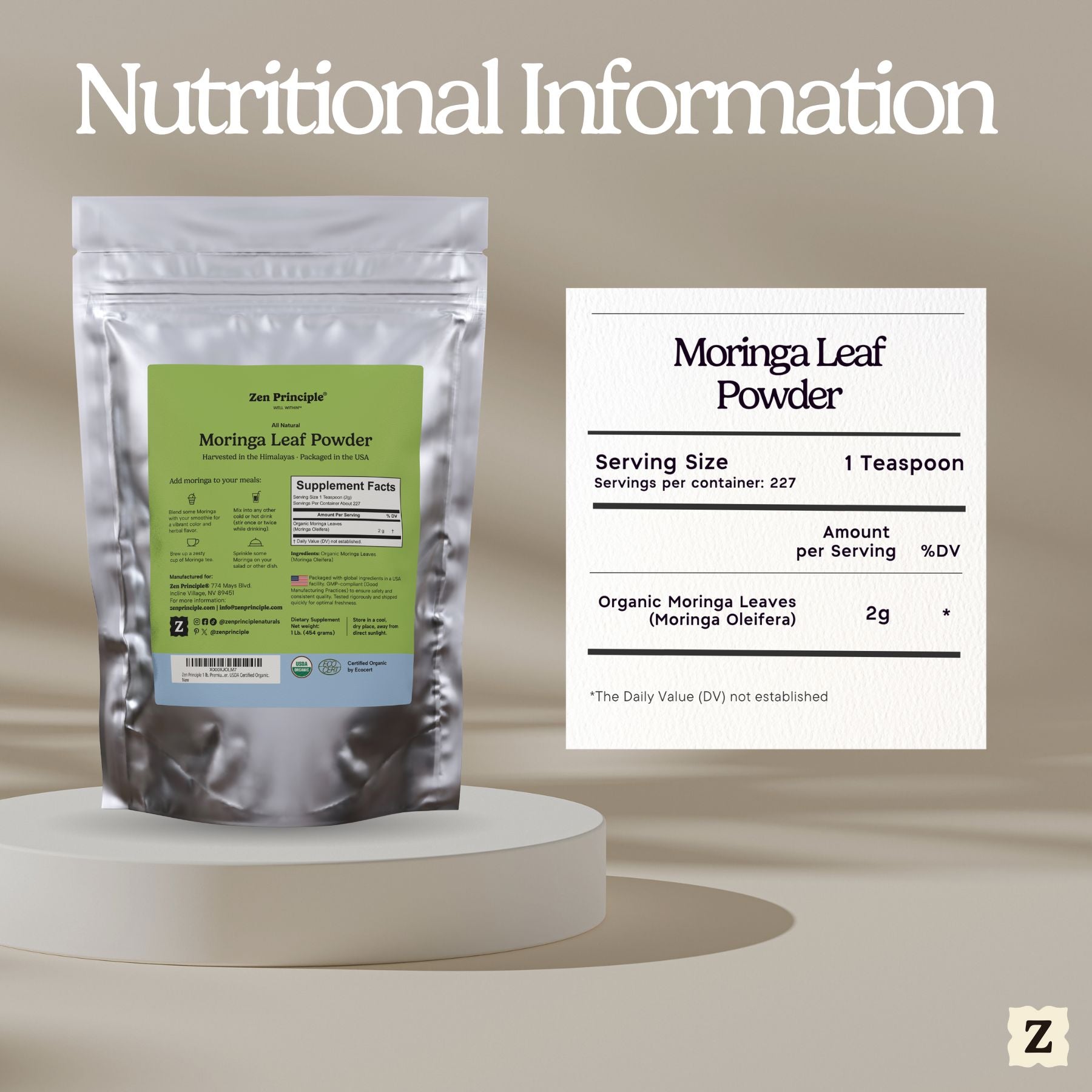 Organic Moringa Leaf Powder Zen Principle Naturals 