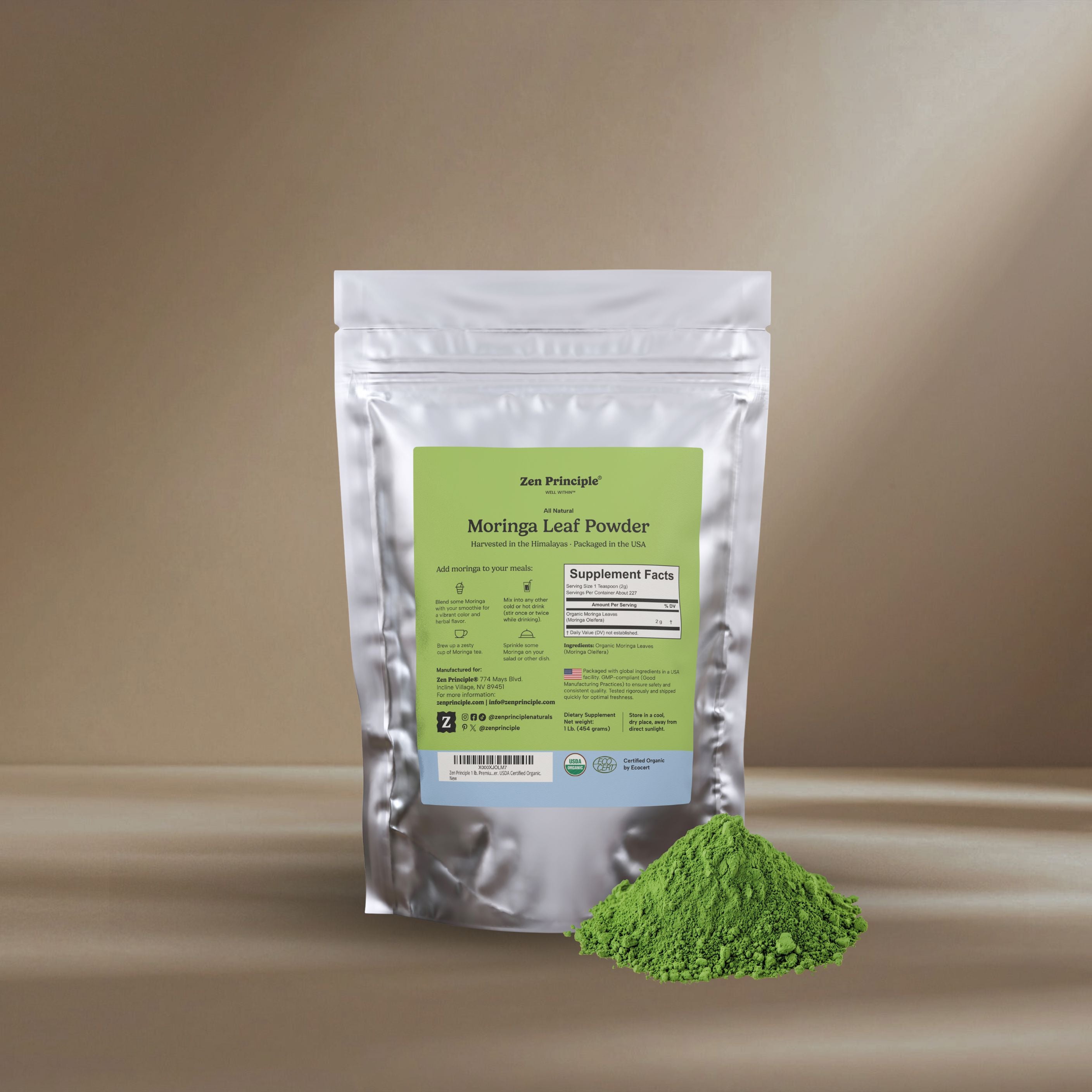 Organic Moringa Leaf Powder Zen Principle Naturals 1-Pack 