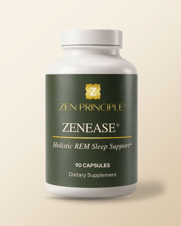 Zenease Holistic REM Sleep Support bottle, 90 capsules, with a few capsules in front