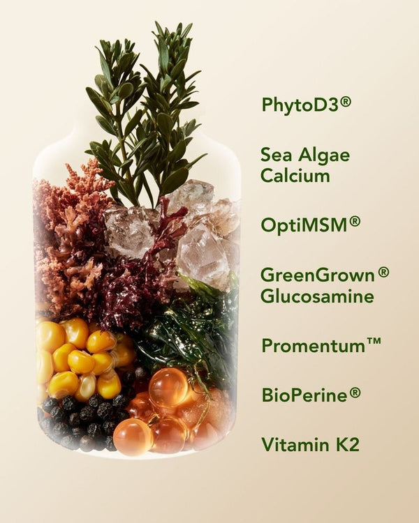 Zengility ingredients: PhytoD3, Sea Algae Calcium, OptiMSM, GreenGrown Glucosamine, Promentum, BioPerine and Vitamin K2