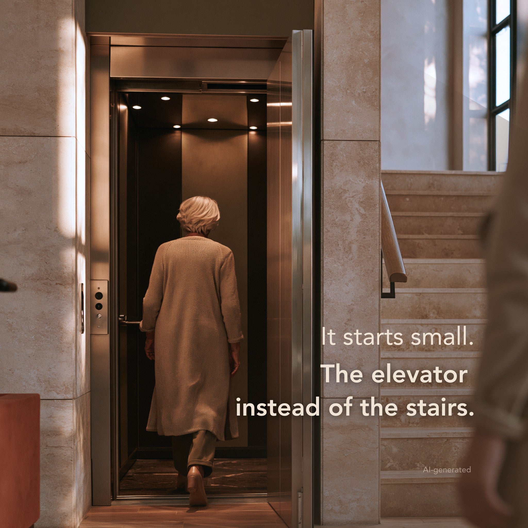 It starts small — the elevator instead of the stairs