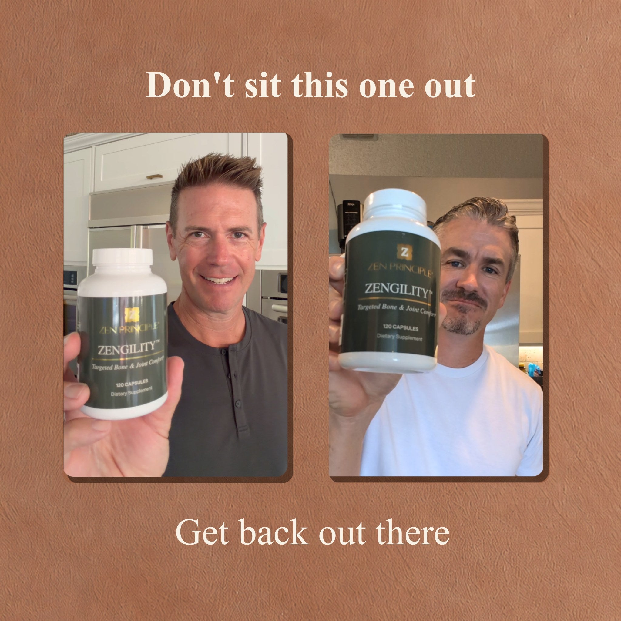 Two Zengility® customers holding their bottles — Don’t sit this one out. Get back out there.