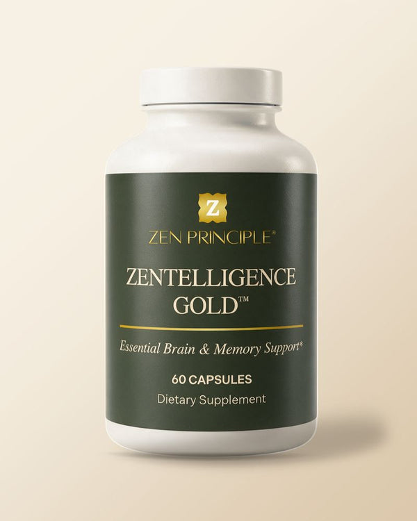 Zentelligence Gold Essential Brain & Memory Support bottle, 60 capsules, with capsules in front